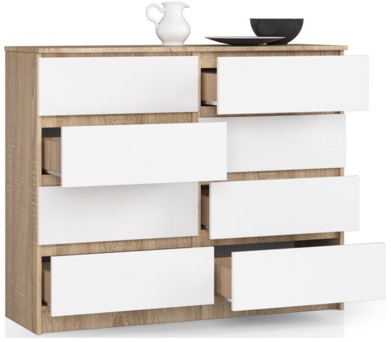 Akord K120 kommode i Sonoma eg 120 cm med 8 skuffer, mat hvid, 120x40x99 cm, 1 stk.
