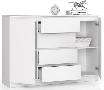 Kommode Akord K140 hvid 138 cm 2 døre 4 skuffer mat hvid farve 4 hylder 138x40x99 cm 1 stk.