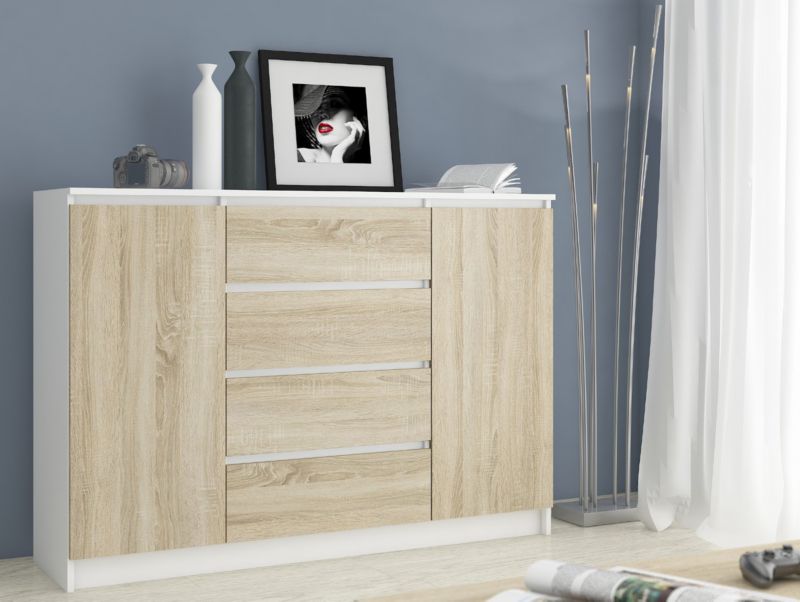 Kommode Akord K140 hvid 138 cm 2 døre 4 skuffer i mat sonoma eg med 4 hylder 138x40x99 cm 1 stk.