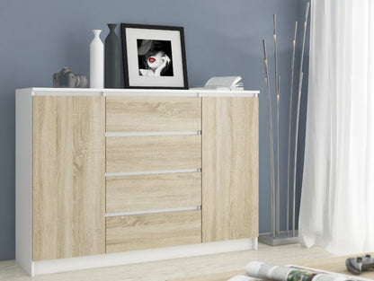 Kommode Akord K140 hvid 138 cm 2 døre 4 skuffer i mat sonoma eg med 4 hylder 138x40x99 cm 1 stk.