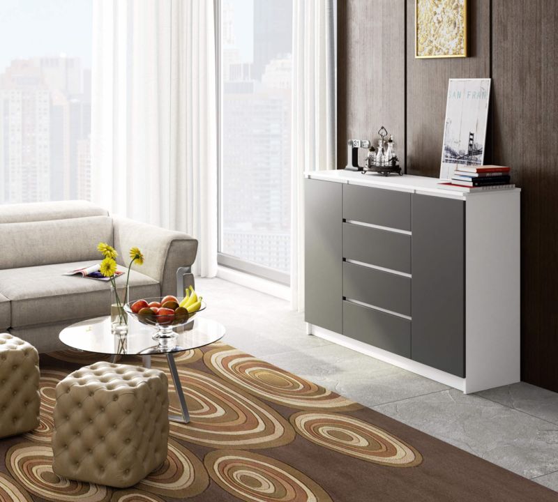 Kommode Akord K140 Hvid 138 cm 2 døre 4 skuffer grafitgrå mat 4 hylder 138x40x99 cm 1 stk.