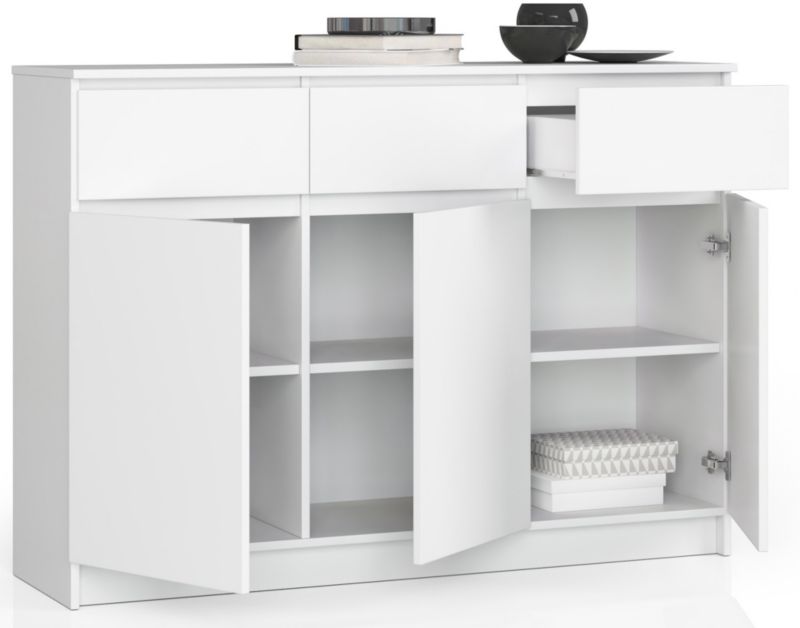 Kommode Akord K140 Hvid 138 cm 3 døre 3 skuffer mat hvid farve 6 hylder 138x40x99 cm 1 stk.