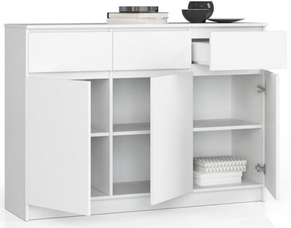 Kommode Akord K140 Hvid 138 cm 3 døre 3 skuffer mat hvid farve 6 hylder 138x40x99 cm 1 stk.