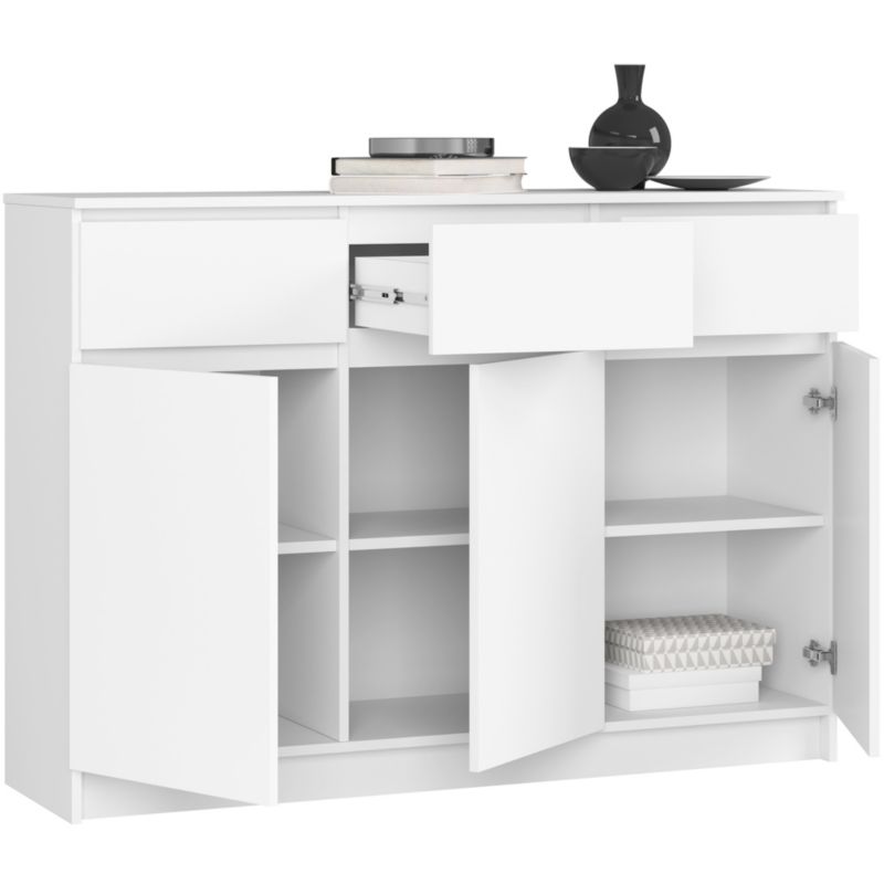 Komoda K140 138 cm Hvid Mat 3 Låger 3 Skuffer 6 Hylder