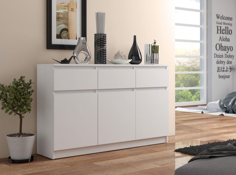 Kommode Akord K140 Hvid 138 cm 3 døre 3 skuffer mat hvid farve 6 hylder 138x40x99 cm 1 stk.