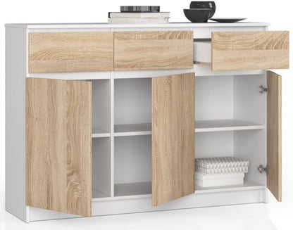 Kommode Akord K140 Hvid 138 cm 3 døre 3 skuffer i Sonoma Eg mat med 6 hylder 138x40x99 cm 1 stk.