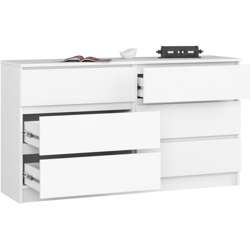 Kommode K140 138x40x77 cm 6 Skuffer Hvid Mat