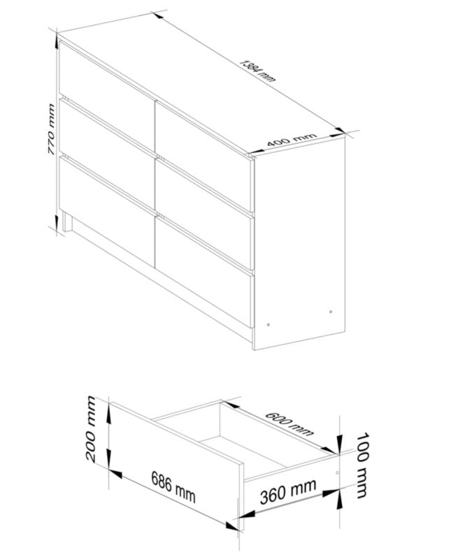 Kommode K140 138x40x77 cm 6 Skuffer Hvid Mat