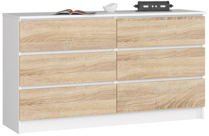 Akord K140 kommode hvid 138 cm 6 skuffer i mat Sonoma eg 138x40x77 cm 1 stk.