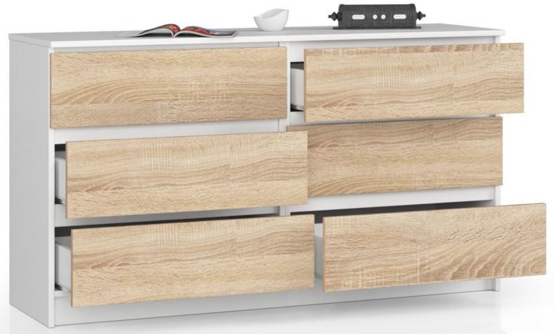 Akord K140 kommode hvid 138 cm 6 skuffer i mat Sonoma eg 138x40x77 cm 1 stk.