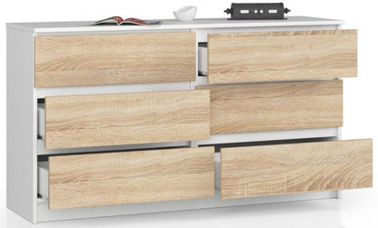 Akord K140 kommode hvid 138 cm 6 skuffer i mat Sonoma eg 138x40x77 cm 1 stk.