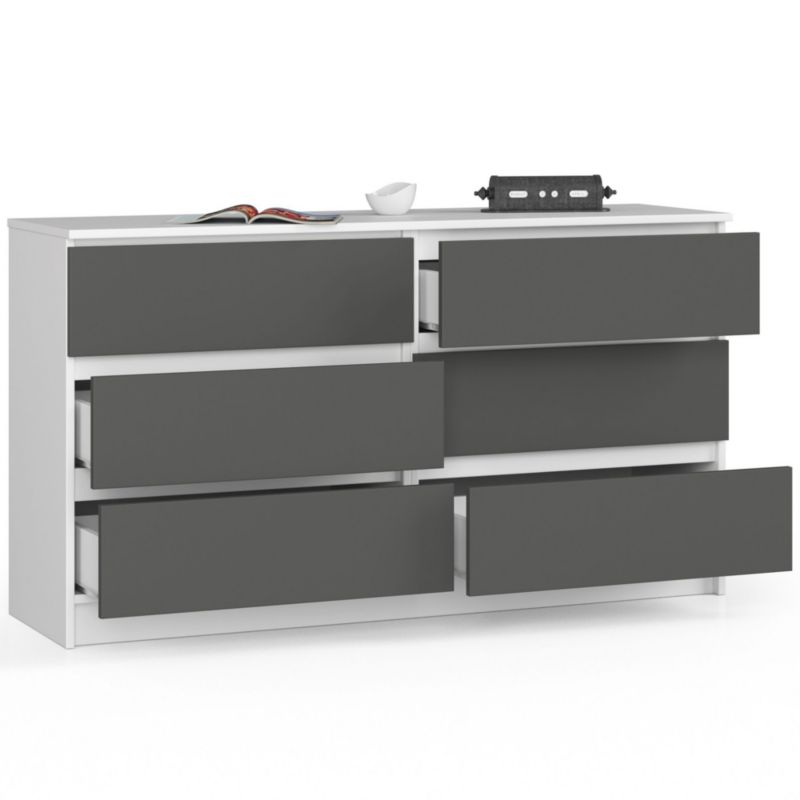 Kommode Akord K140 Hvid 138 cm med 6 skuffer i mat grafitgrå 138x40x77 cm 1 stk.