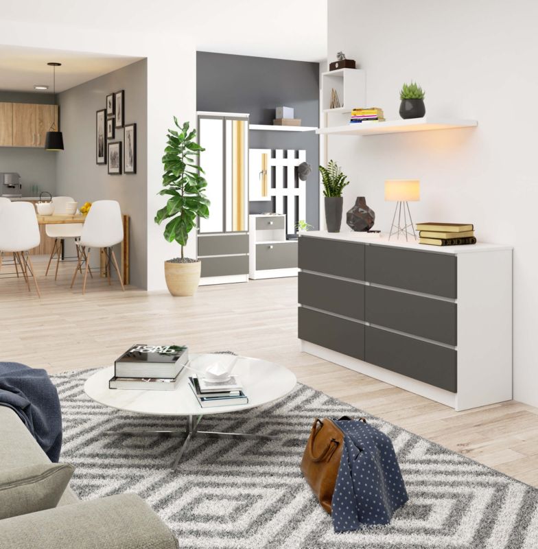 Kommode Akord K140 Hvid 138 cm med 6 skuffer i mat grafitgrå 138x40x77 cm 1 stk.