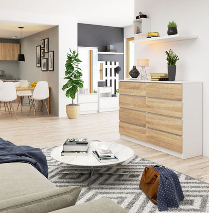 Akord K140 kommode hvid 138 cm med 8 skuffer, Sonoma eg mat, 138x40x99 cm, 1 stk.