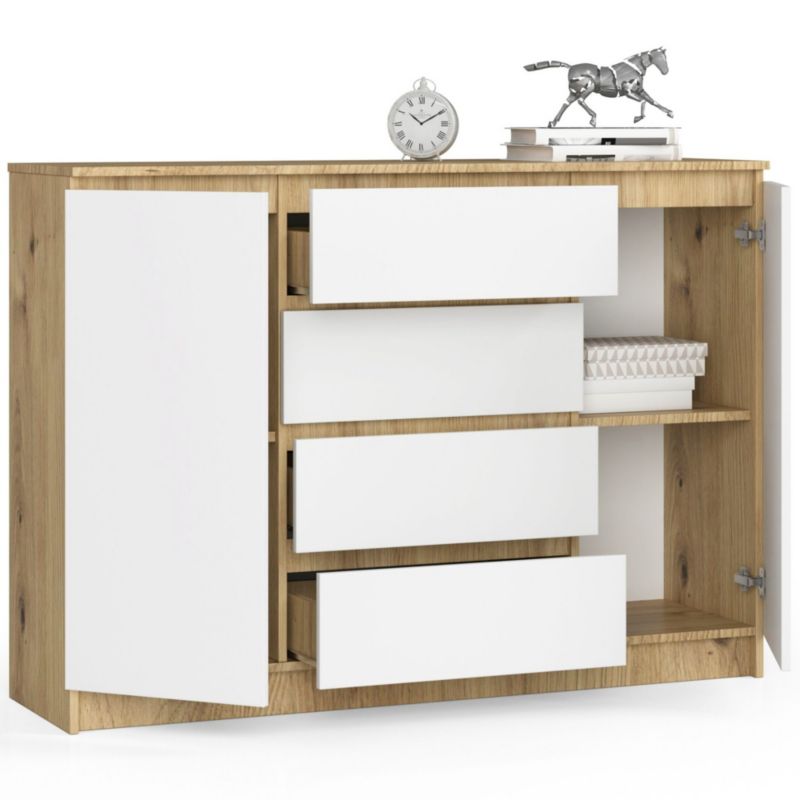 Kommode Akord K140 Eg Artisan 138 cm 2 døre 4 skuffer hvid mat 4 hylder 138x40x99 cm 1 stk.