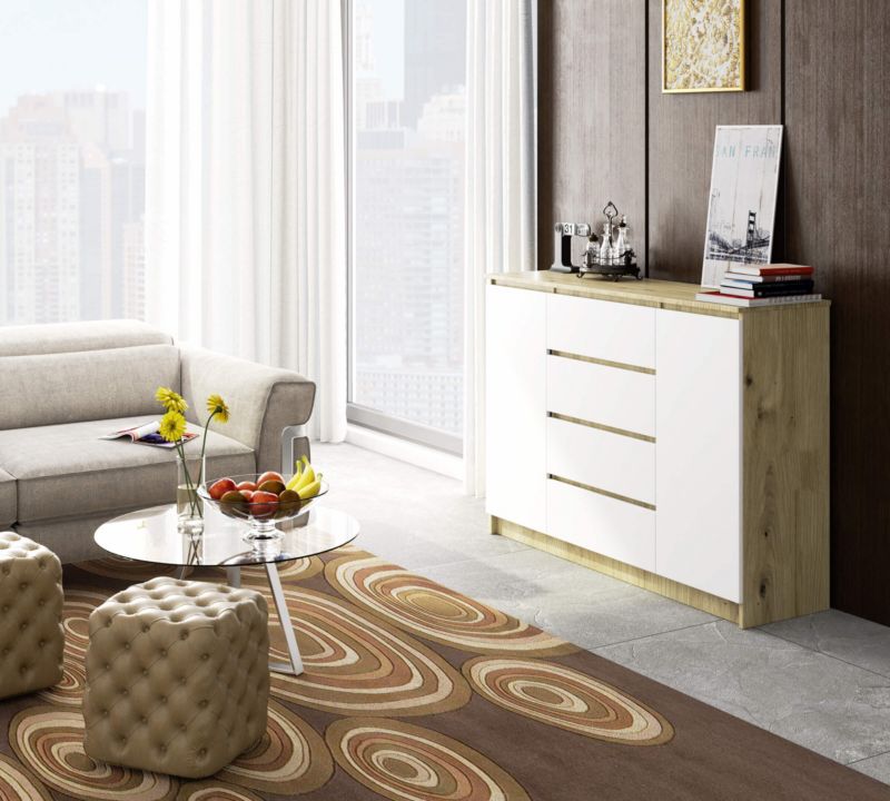 Kommode Akord K140 Eg Artisan 138 cm 2 døre 4 skuffer hvid mat 4 hylder 138x40x99 cm 1 stk.