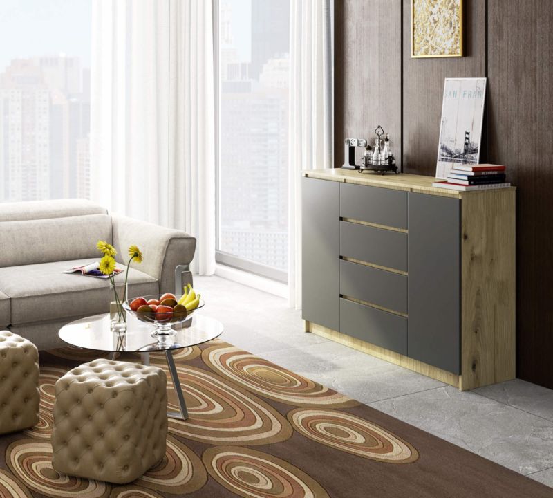 Kommode Akord K140 Artisan Eg 138 cm 2 døre 4 skuffer grafitgrå mat 4 hylder 138x40x99 cm 1 stk.