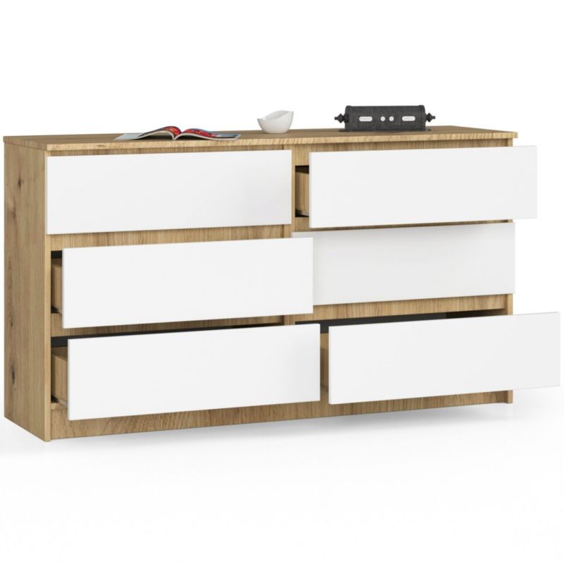 Akord K140 kommode i Artisan eg, 138 cm, 6 skuffer, mat hvid, 138x40x77 cm, 1 stk.