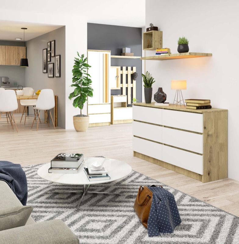 Akord K140 kommode i Artisan eg, 138 cm, 6 skuffer, mat hvid, 138x40x77 cm, 1 stk.