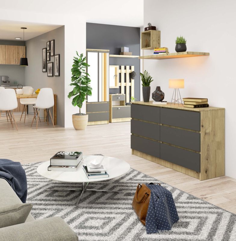 Akord K140 kommode i Artisan eg med 6 skuffer, grafitgrå mat, 138x40x77 cm, 1 stk.