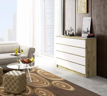 Akord K140 kommode i Artisan eg 138 cm med 8 skuffer, mat hvid, 138x40x99 cm, 1 stk.