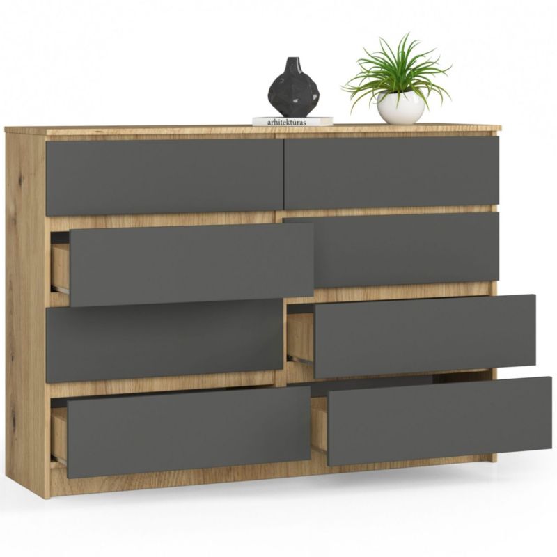 Akord K140 Kommode i Artisan Eg med 8 skuffer, 138 cm, mat grafitgrå, 138x40x99 cm, 1 stk.