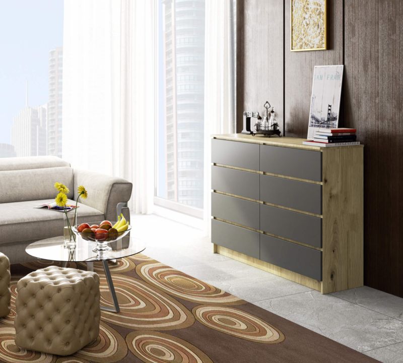 Akord K140 Kommode i Artisan Eg med 8 skuffer, 138 cm, mat grafitgrå, 138x40x99 cm, 1 stk.