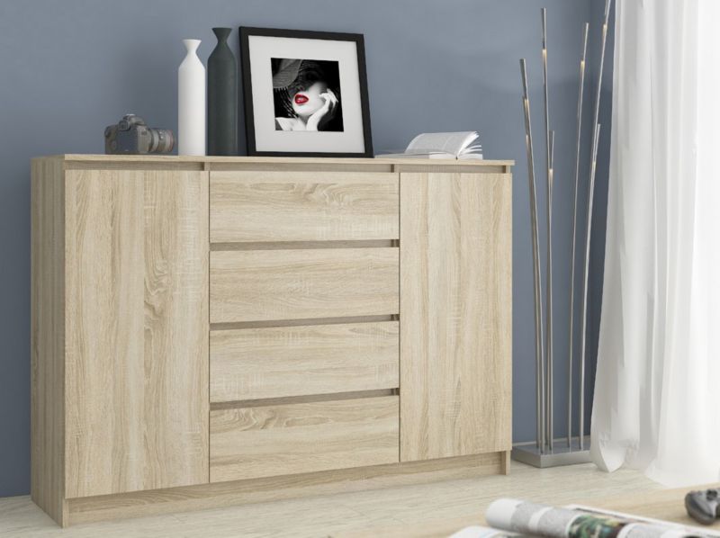 Kommode Akord K140 Eg Sonoma 138 cm 2 døre 4 skuffer Eg Sonoma mat 4 hylder 138x40x99 cm 1 stk.