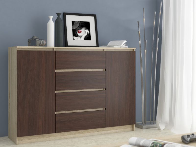 Kommode Akord K140 Eg Sonoma 138 cm 2 døre 4 skuffer wenge mat farve 4 hylder 138x40x99 cm 1 stk.