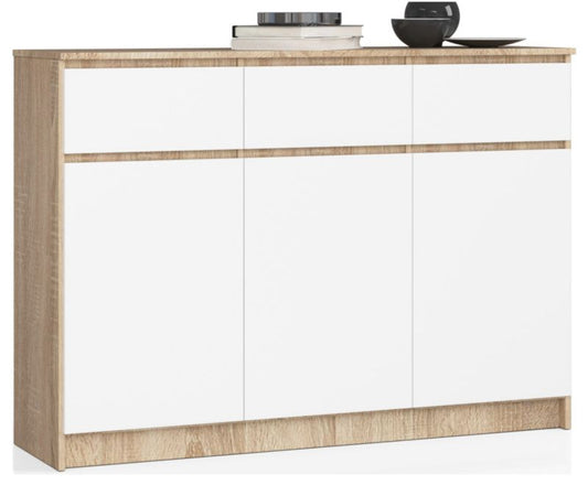 Kommode Akord K140 Eg Sonoma 138 cm 3 døre 3 skuffer hvid mat 6 hylder 138x40x99 cm 1 stk.