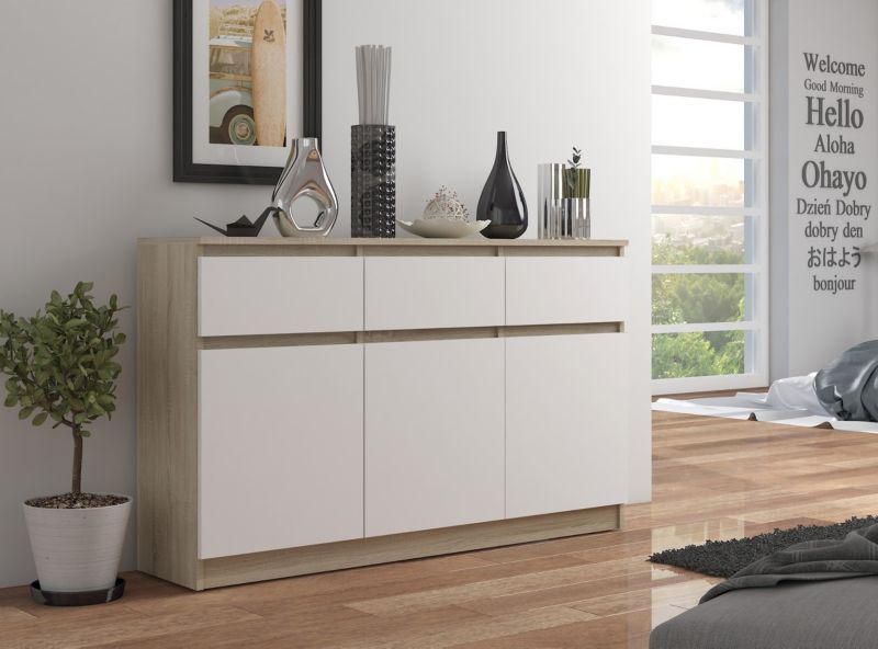 Kommode Akord K140 Eg Sonoma 138 cm 3 døre 3 skuffer hvid mat 6 hylder 138x40x99 cm 1 stk.