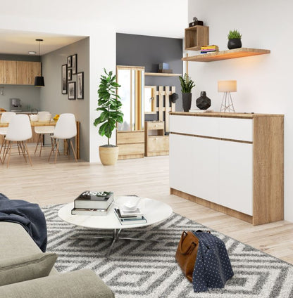 Kommode Akord K140 Eg Sonoma 138 cm 3 døre 3 skuffer hvid mat 6 hylder 138x40x99 cm 1 stk.