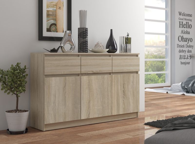 Kommode Akord K140 Eg Sonoma 138 cm 3 døre 3 skuffer farve Eg Sonoma mat 6 hylder 138x40x99 cm 1 stk.