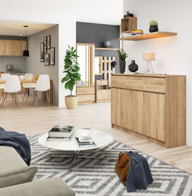 Kommode Akord K140 Eg Sonoma 138 cm 3 døre 3 skuffer farve Eg Sonoma mat 6 hylder 138x40x99 cm 1 stk.