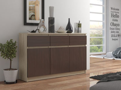 Kommode Akord K140 Eg Sonoma 138 cm 3 døre 3 skuffer mat wengefarve 6 hylder 138x40x99 cm 1 stk.