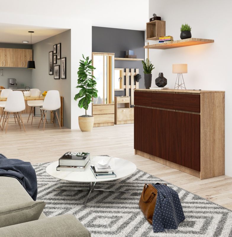 Kommode Akord K140 Eg Sonoma 138 cm 3 døre 3 skuffer mat wengefarve 6 hylder 138x40x99 cm 1 stk.