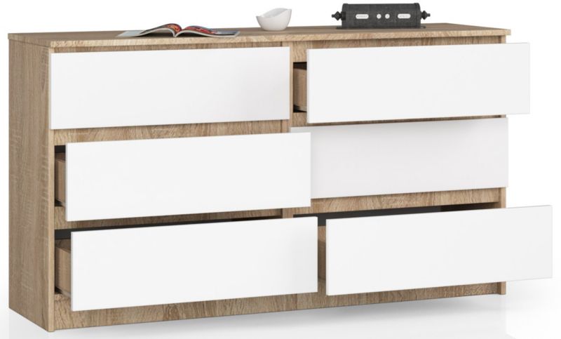 Kommode Akord K140 Eg Sonoma 138 cm 6 skuffer hvid mat 138x40x77 cm 1 stk.