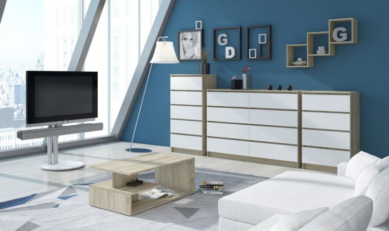 Kommode Akord K140 Eg Sonoma 138 cm 6 skuffer hvid mat 138x40x77 cm 1 stk.