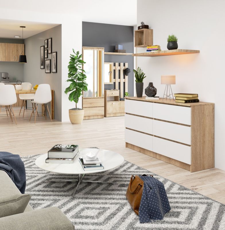 Kommode Akord K140 Eg Sonoma 138 cm 6 skuffer hvid mat 138x40x77 cm 1 stk.