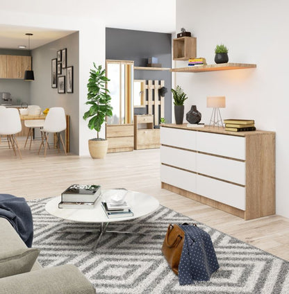 Kommode Akord K140 Eg Sonoma 138 cm 6 skuffer hvid mat 138x40x77 cm 1 stk.