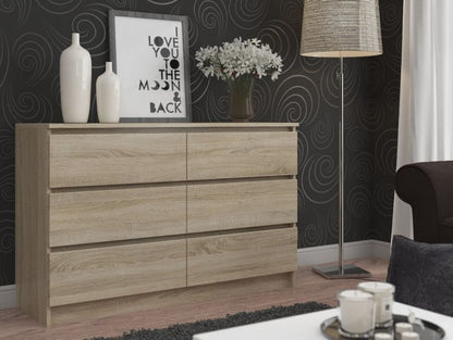 Akord K140 kommode i Sonoma eg 138 cm med 6 skuffer, mat Sonoma eg, 138x40x77 cm, 1 stk.