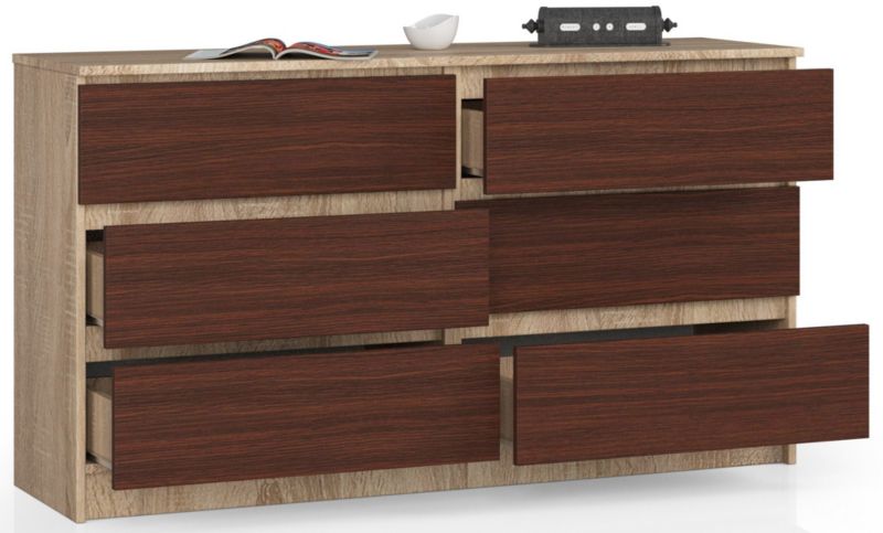 Akord K140 kommode i Sonoma eg 138 cm med 6 skuffer i mat wenge farve 138x40x77 cm 1 stk.