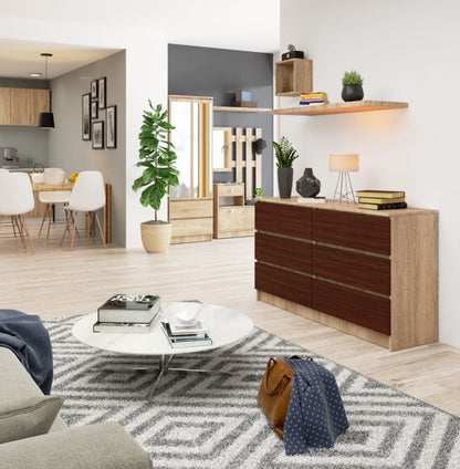 Akord K140 kommode i Sonoma eg 138 cm med 6 skuffer i mat wenge farve 138x40x77 cm 1 stk.