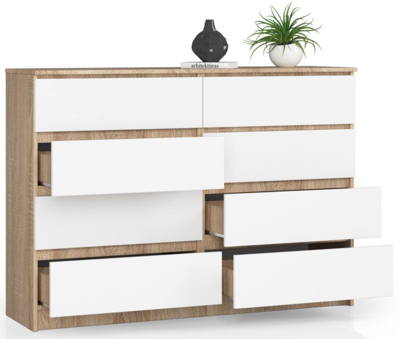 Akord K140 kommode i sonoma-eg med 8 skuffer, 138 cm, mat hvid, 138x40x99 cm, 1 stk.