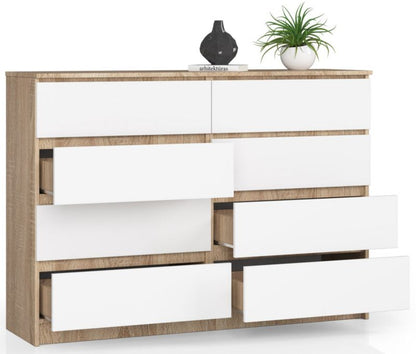 Akord K140 kommode i sonoma-eg med 8 skuffer, 138 cm, mat hvid, 138x40x99 cm, 1 stk.