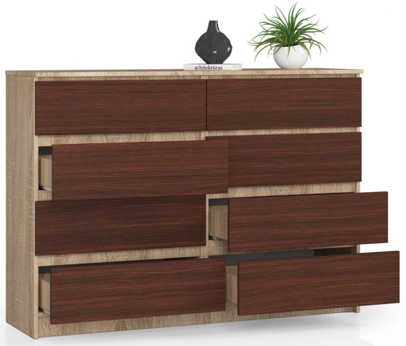 Akord K140 kommode i Sonoma eg 138 cm med 8 skuffer i mat wenge 138x40x99 cm 1 stk.