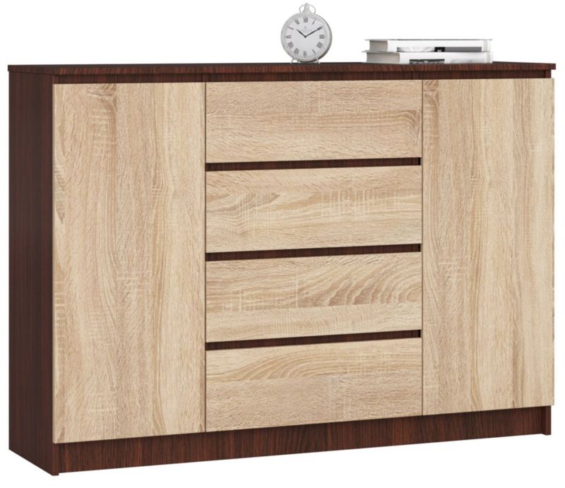 Kommode Akord K140 Wenge 138 cm 2 døre 4 skuffer i mat egefarve Sonoma med 4 hylder 138x40x99 cm 1 stk.