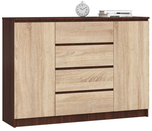 Kommode Akord K140 Wenge 138 cm 2 døre 4 skuffer i mat egefarve Sonoma med 4 hylder 138x40x99 cm 1 stk.