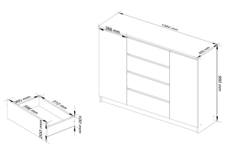 Komoda K140 138 cm 2 Døre 4 Skuffer Eg Sonoma Mat