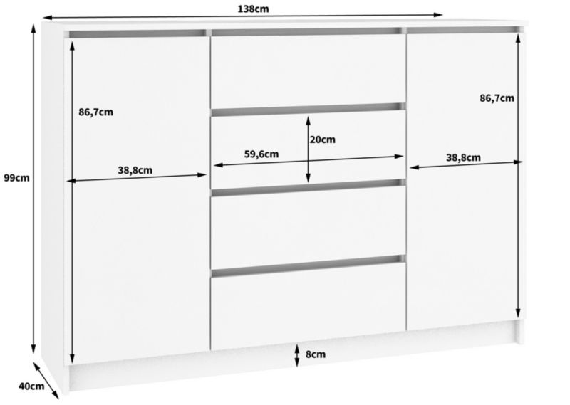 Komoda K140 138 cm 2 Døre 4 Skuffer Eg Sonoma Mat